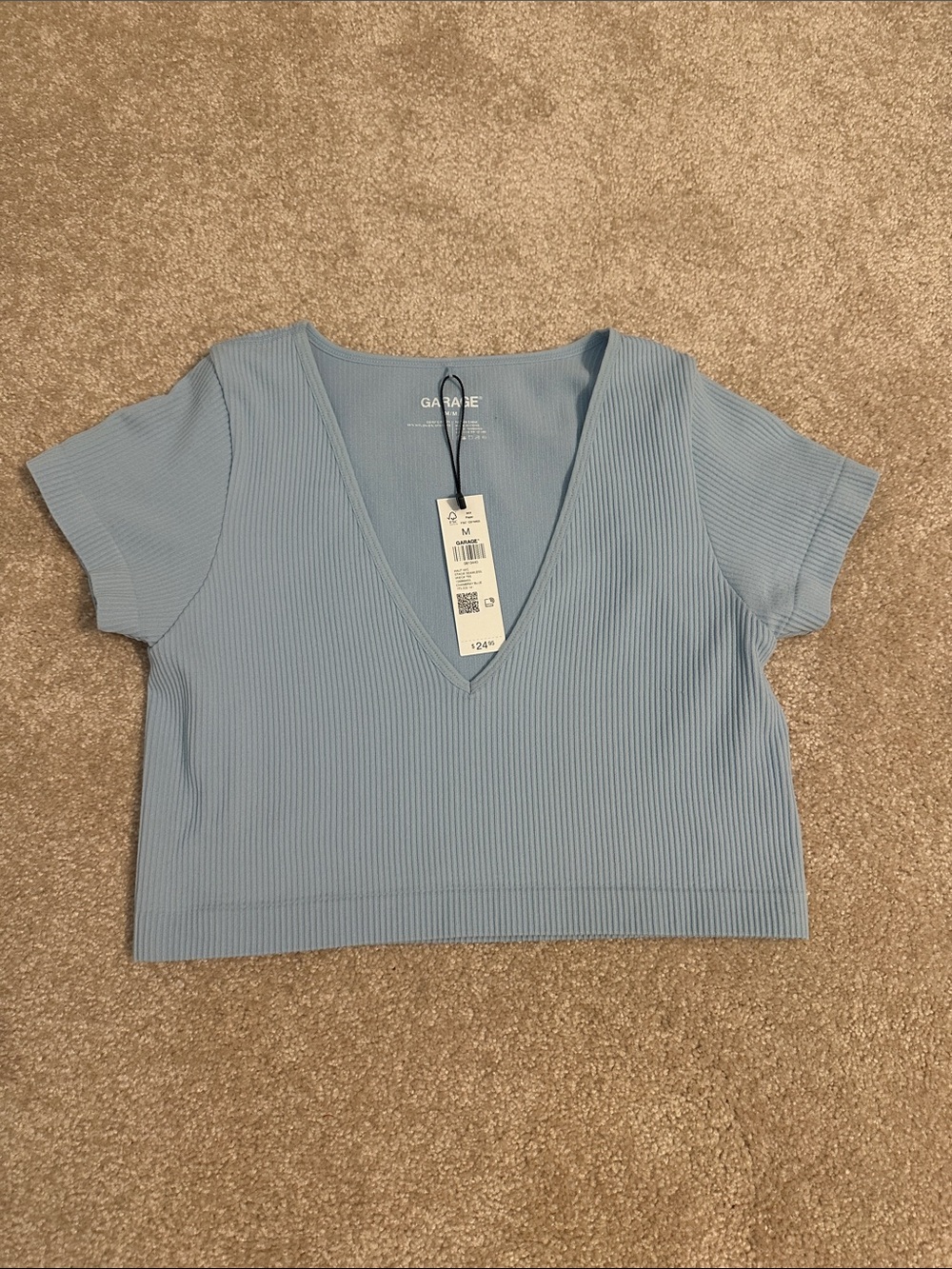 Garage Ribbed V-Neck Cropped Tee - Sky Blue